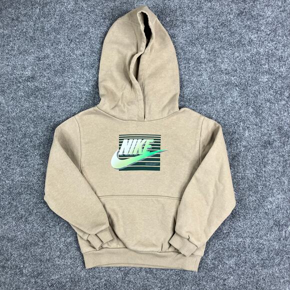 Nike Hoodie Boys Size 4T Tan Pullover Sweatshirt Logo Graphic Fleece Warm - Picture 1 of 5